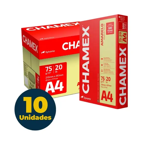 Papel A4 21cmx29,7cm 75g 500 Folhas Chamex Colors Amarelo Caixa com 10 Pacotes
