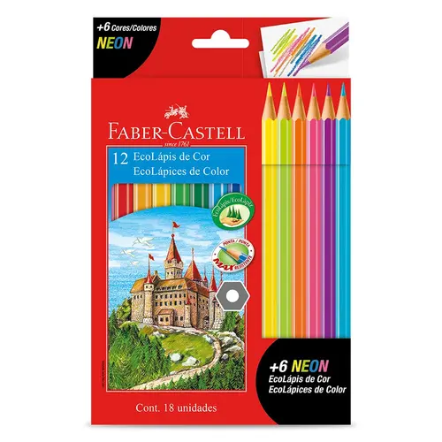 Lápis de Cor 12 Cores Sextavado Faber-Castell Castell + 6 Lápis Neon com 12 Estojos
