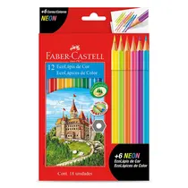 Lápis de Cor 12 Cores Sextavado Faber-Castell Castell + 6 Lápis Neon com 12 Estojos