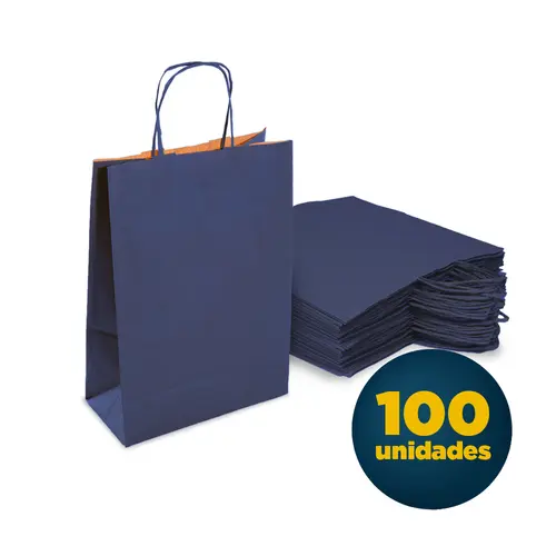 Sacola de Papel Kraft com Alça P 17,5cmx8,5cmx21,5cm Azul com 100 Unidades