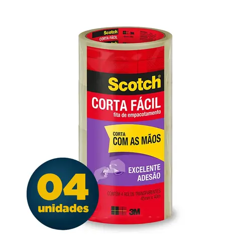 Fita PP 45mm x 40m 3M Scotch Transparente Corta Fácil com 4 Rolos
