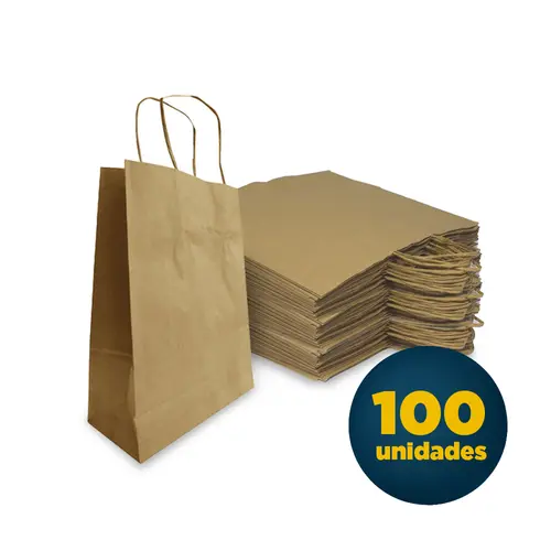 Sacola de Papel Kraft com Alça M 23,5cmx10cmx31,5cm Cor Natural com 100 Unidades