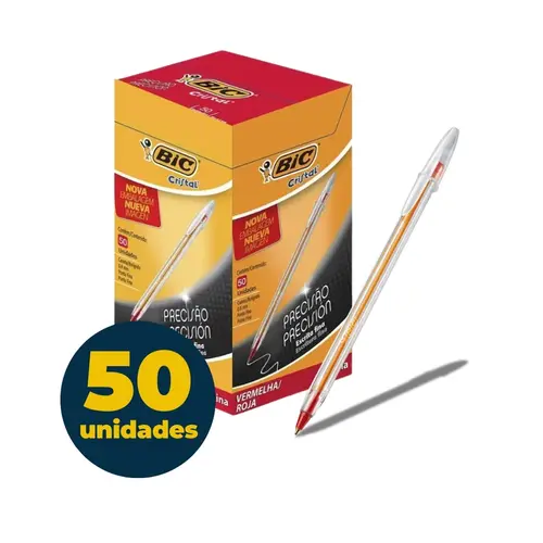Caneta Esferográfica Bic Cristal Fina 0.8mm Vermelha Caixa com 50 Unidades