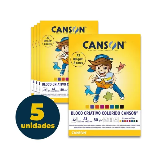 Bloco Escolar Colorido Criativo A3 8 Cores 80g 32 Folhas Canson 05 Blocos