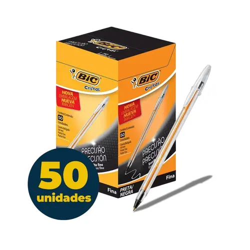 Caneta Esferográfica Bic Cristal Fina 0.8mm Preta Caixa com 50 Unidades