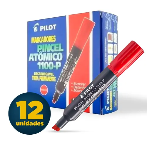 Pincel Marcador Permanente Ponta Chanfrada Pilot Atômico 1100P Vermelho com 12 Unidades