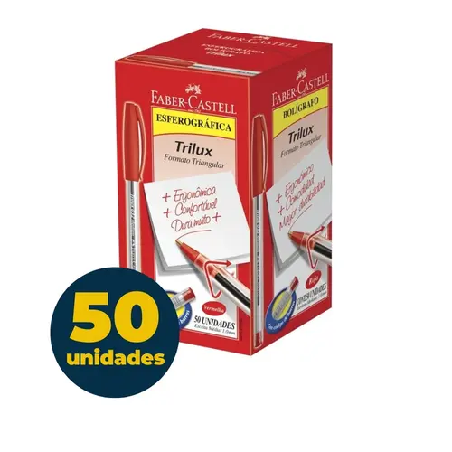 Caneta Esferográfica Faber-Castell Trilux Média 1.0mm Vermelha Caixa com 50 Unidades