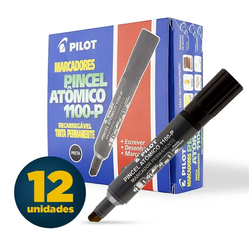 Pincel Marcador Permanente Ponta Chanfrada Pilot Atômico 1100P Preto com 12 Unidades
