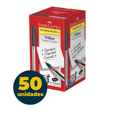 Caneta Esferográfica Faber-Castell Trilux Média 1.0mm Preta Caixa com 50 Unidades