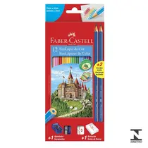Lápis de Cor 12 Cores Sextavado Faber-Castell Kit Escolar + 2 Lápis Preto com 12 Estojos