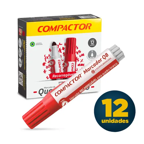 Marcador Quadro Branco Compactor QB Recarregável Vermelho com 12 Unidades