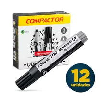 Marcador Quadro Branco Compactor QB Recarregável Preto com 12 Unidades