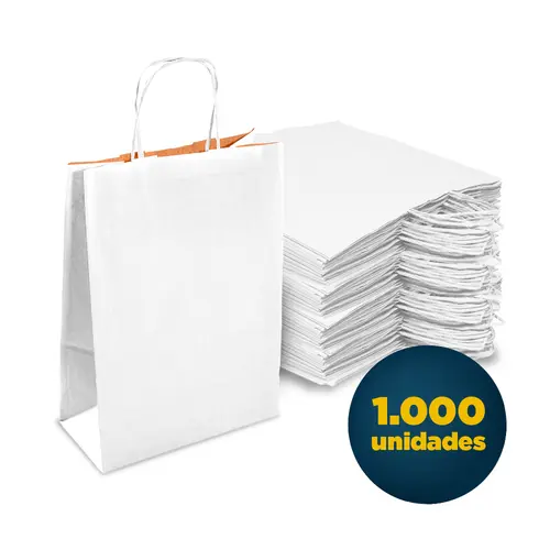 Sacola Papel Kraft M 23,5cmx10cmx31,5cm Cor Branca Com Alça 1000 Unidades