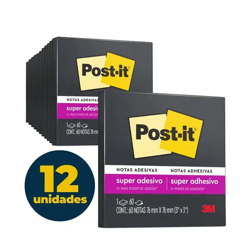 Recado Adesivo Removível 76mmx76mm Post-It 60 Folhas Preto com 12 Pacotes