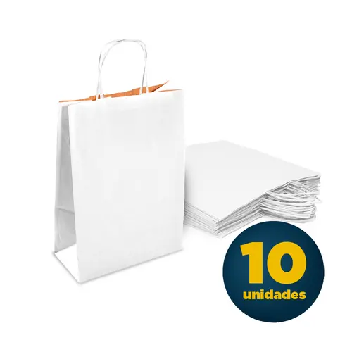 Sacola Papel Kraft P 17,5cmx8,5cmX21,5cm Cor Branca Com Alça Pacote 10 Unidades