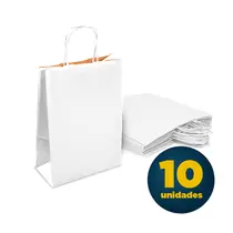 Sacola Papel Kraft P 17,5cmx8,5cmX21,5cm Cor Branca Com Alça Pacote 10 Unidades