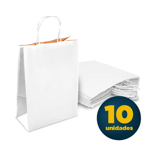 Sacola Papel Kraft M 23,5cmx10cmx31,5cm Cor Branca Com Alça Pacote 10 Unidades