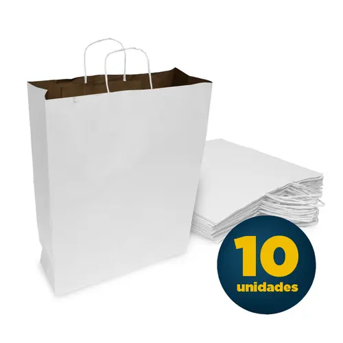 Sacola Papel Kraft G 30,5cmx11,5cmx42cm Cor Branca Com Alça Pacote 10 Unidades