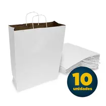 Sacola Papel Kraft G 30,5cmx11,5cmx42cm Cor Branca Com Alça Pacote 10 Unidades
