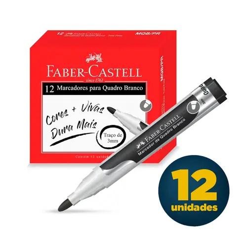 Marcador para Quadro Branco 3mm Faber Preto com 12 Unidades