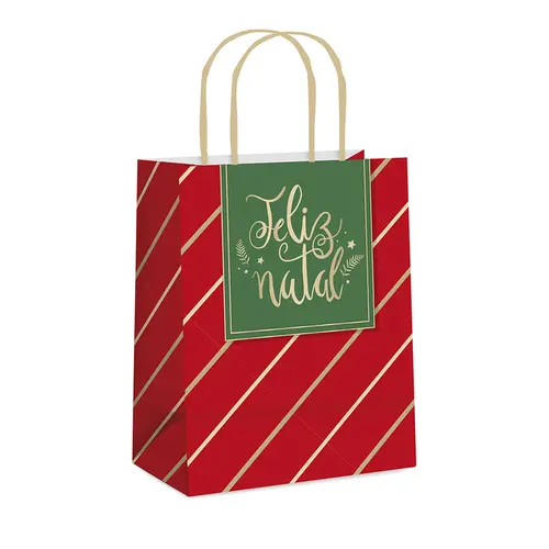 Sacola de Papel para Presente P 21,5cmx15cmx8cm Cromus Feliz Natal Verm com 10 Unidades