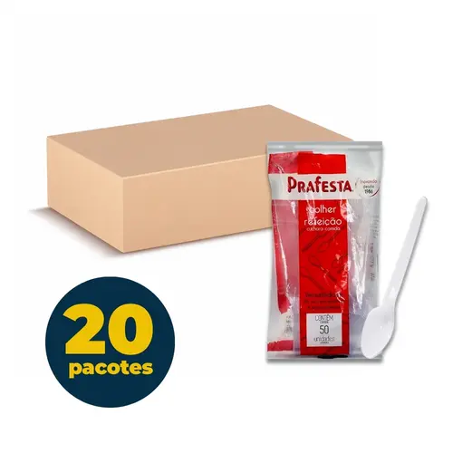 Colher Refeição Premium Plástica Branca com 50 Unidades Prafesta com 20 Pacotes