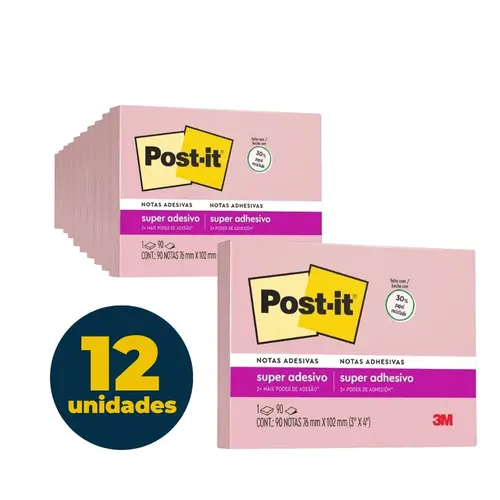 Recado Adesivo Removível 76mmx102mm Post-It 90 Folhas Rosa Milênio com 12 Unidades