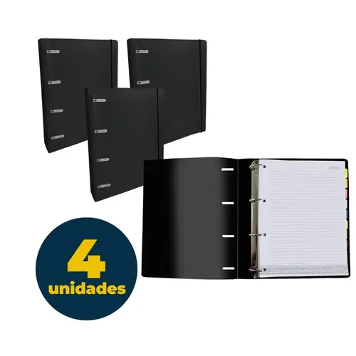 Pasta Fichário PP Universitário 4 Argolas com Elástico Dac All Black com 4 Unidades