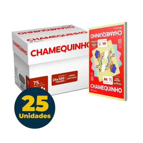 Papel Chamequinho Colorido A4 21cm x 29,7cm 100 Folhas 04 Cores com 25 Pacotes
