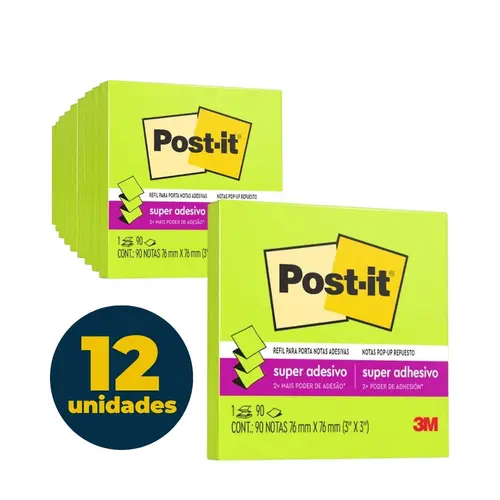 Recado Adesivo Removível 76mmx76mm Pop-Up Post-It 90 Folhas Verde Neon com 12 Unidades