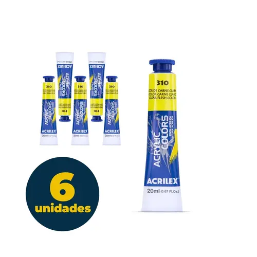 Tinta Acrílica Bisnaga 20ml Acrilex Acrilic Colors Carne Clara 310 com 06 Unidades