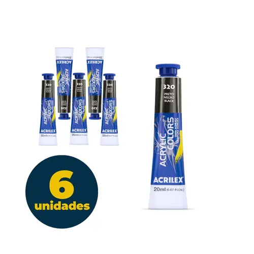 Tinta Acrílica Bisnaga 20ml Acrilex Acrilic Colors Preto 320 com 06 Unidades