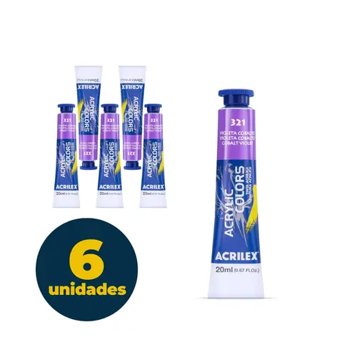 Tinta Acrílica Bisnaga 20ml Acrilex Acrilic Colors Violeta Cobalto 321 com 06 Unidades
