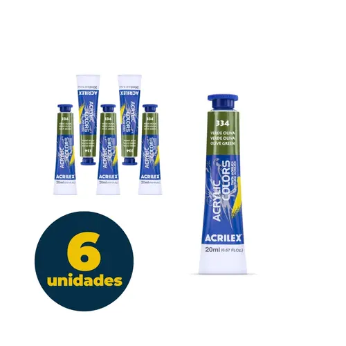 Tinta Acrílica Bisnaga 20ml Acrilex Acrilic Colors Verde Oliva 334 com 06 Unidades