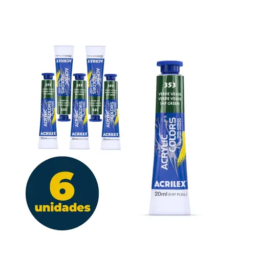 Tinta Acrílica Bisnaga 20ml Acrilex Acrilic Colors Verde Vessie 353 com 06 Unidades