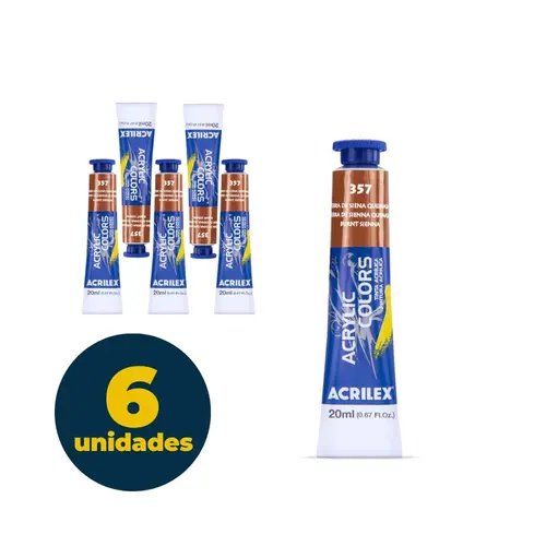 Tinta Acrílica Bisnaga 20ml Acrilex Acrilic Colors Terra de Siena Queimada 357 com 06 Unidades