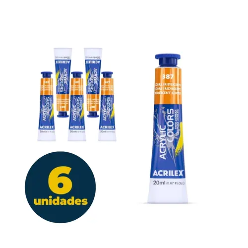Tinta Acrílica Bisnaga 20ml Acrilex Acrilic Colors Metálico Cobre 387 com 06 Unidades