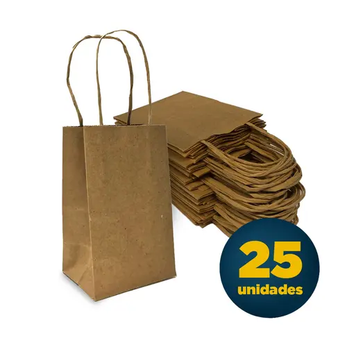 Sacola Papel Kraft Mini 9,5cmx7,5cmx15cm Lisa Natural com 25 Unidades