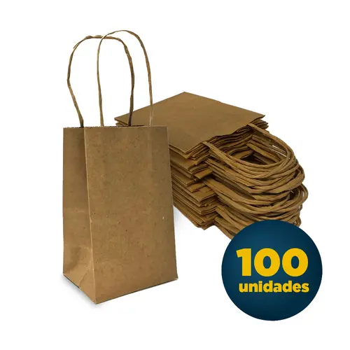 Sacola Papel Kraft Mini 9,5cmx7,5cmx15cm Lisa Natural com 100 Unidades
