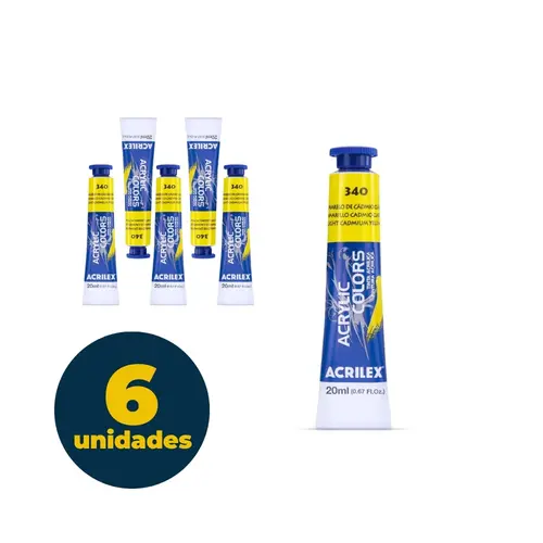 Tinta Acrílica Bisnaga 20ml Acrilex Acrilic Colors Amarelo Cadmio Claro 340 com 06 Unidades