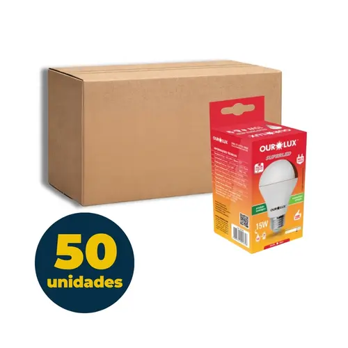 Lâmpada Alta Potência 15W Led Branca Fria 6500K A60 Superled Ourolux com 50 Unidades