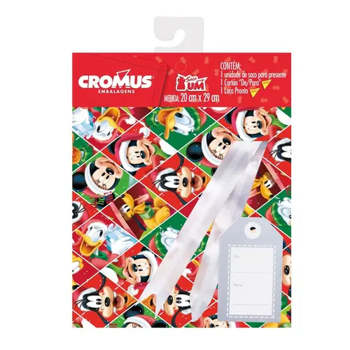 Kit Presente Saco + Laço Pronto + Cartão De/Para 50cmx70cm Cromus Natal Disney com 30 Kits