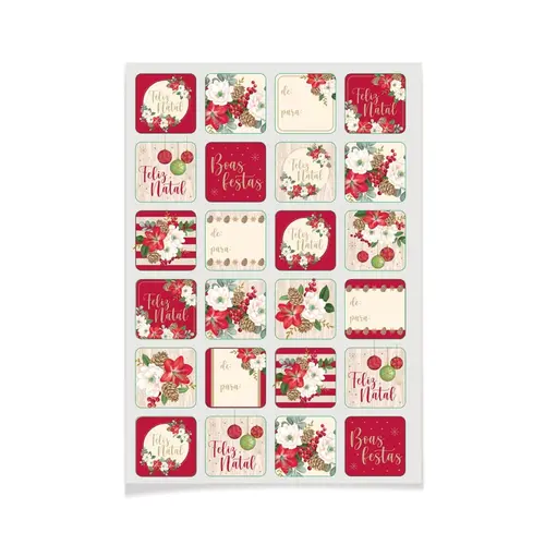 Cartela de Adesivos Quadrados com 24 Etiquetas Cromus Natal Garland com 12 Cartelas