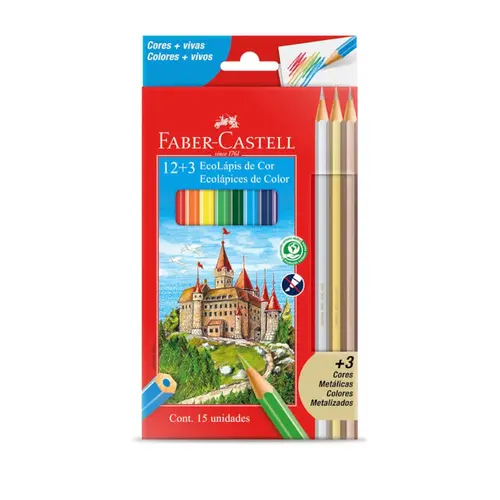 Lápis de Cor 12 Cores Faber-Castell + 03 Cores Metálicas com 12 Estojos