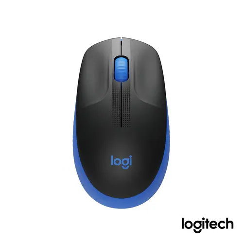 Mouse Sem Fio Logitech M190 Preto/Azul, Design Ambidestro, Conexão USB e Pilha Inclusa