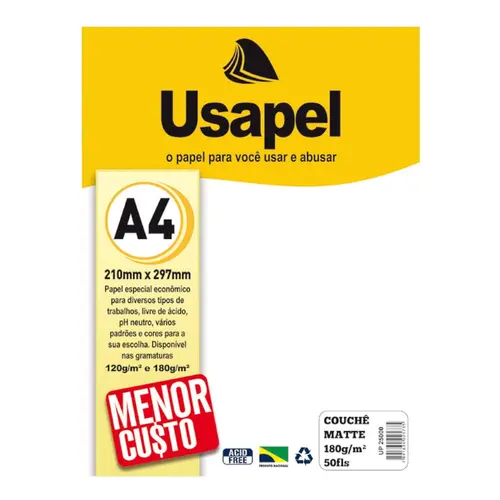 PAPEL COUCHE FOSCO 180G A4 210MMX297MM 50FL USAPEL 10 UN