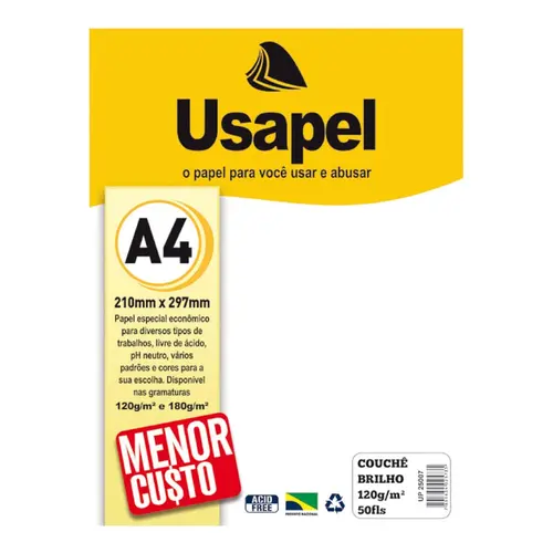 PAPEL COUCHE BRILHO 120G A4 210MMX297MM 50FL USAPEL 10 UN