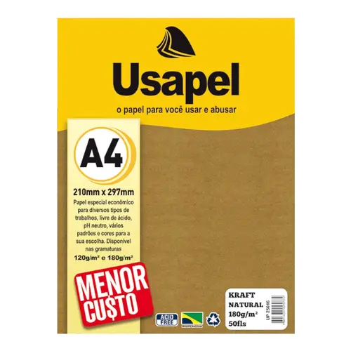 Papel Kraft Natural 180g A4 210mm X 297mm 50 Folhas Usapel 10 Unidades