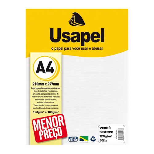 Papel Vergê 120g A4 210mmx297mm 50 Folhas Usapel Branco com 10 Unidades
