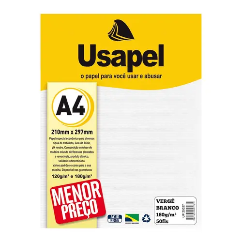 Papel Vergê 180g A4 210mmx297mm 50 Folhas Usapel Branco com 10 Unidades